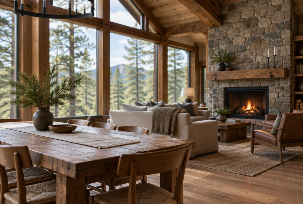 A cabin great room with timber beams, a solid wood dining table, a stone fireplace and ponderosa pines outside