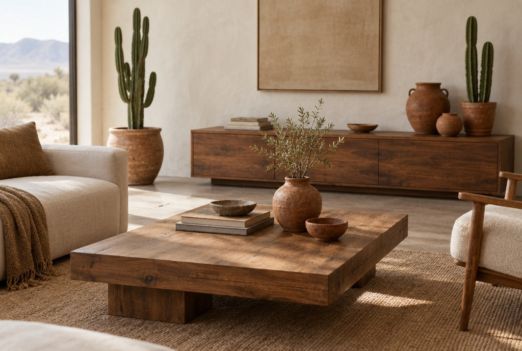 A desert-modern living room with a solid wood coffee table, low wood console, terracotta pots and cactus, adobe-white walls