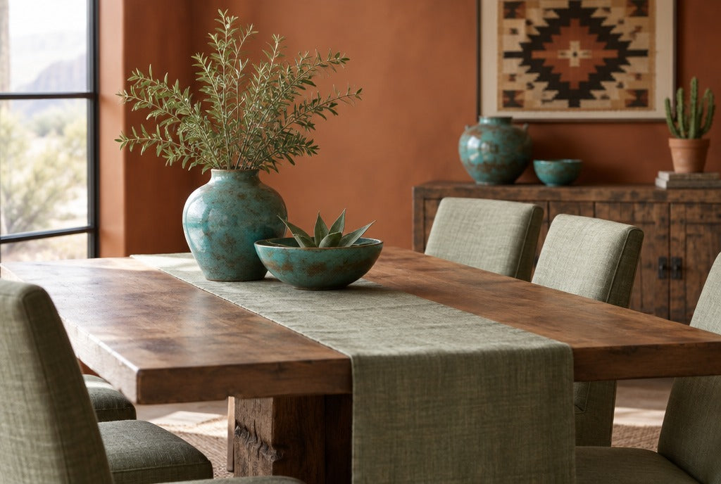 A Southwest dining room with a solid wood table, terracotta wall, sage linen and turquoise pottery