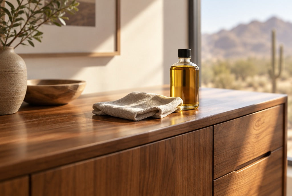 A soft cloth and furniture oil on a warm solid wood sideboard in bright desert window light