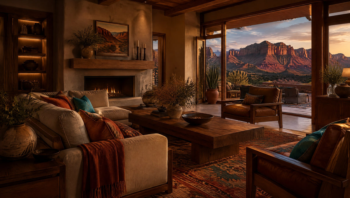 A bright desert-modern living room with solid wood furniture and red cliffs outside