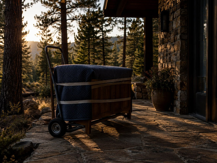 A blanket-wrapped solid wood console beside a stone porch among ponderosa pines